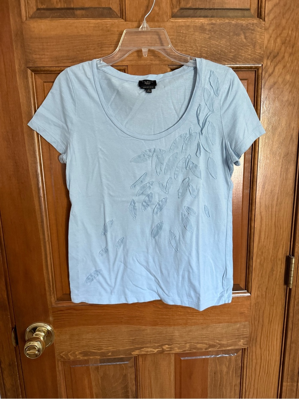 Talbots Light Blue Short Sleeve Scoop Neck Tee with Feather Applique